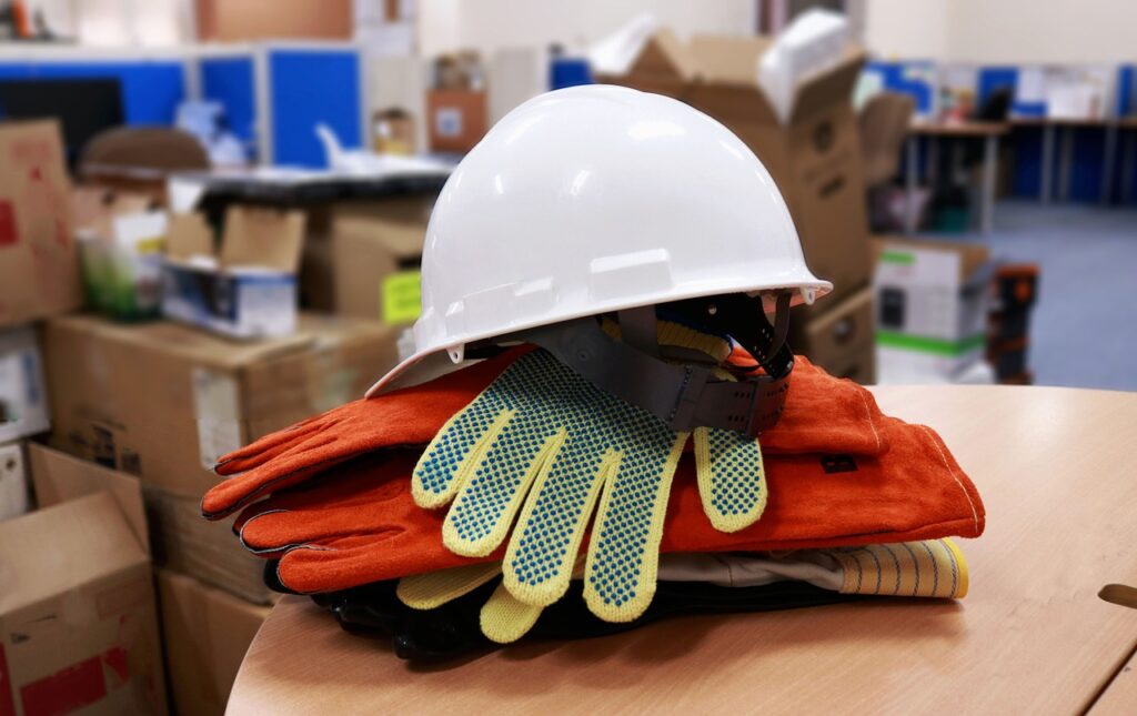 Hard hat, safety gloves, and vest resting on a table