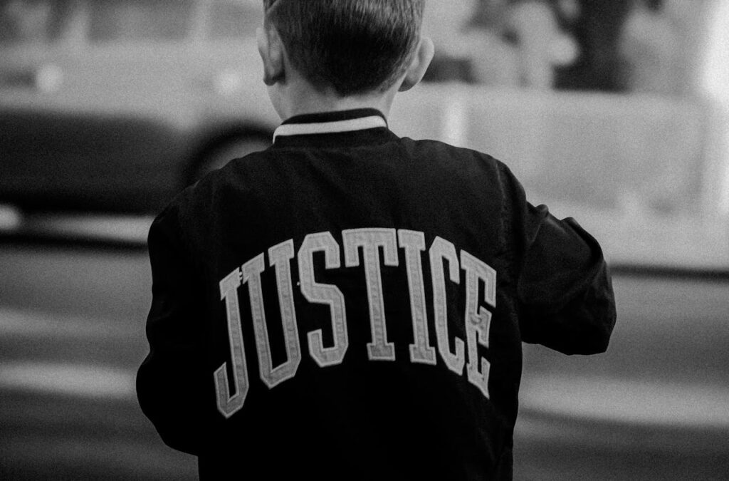 Child wearing a jacket showing the word "Justice" on the back